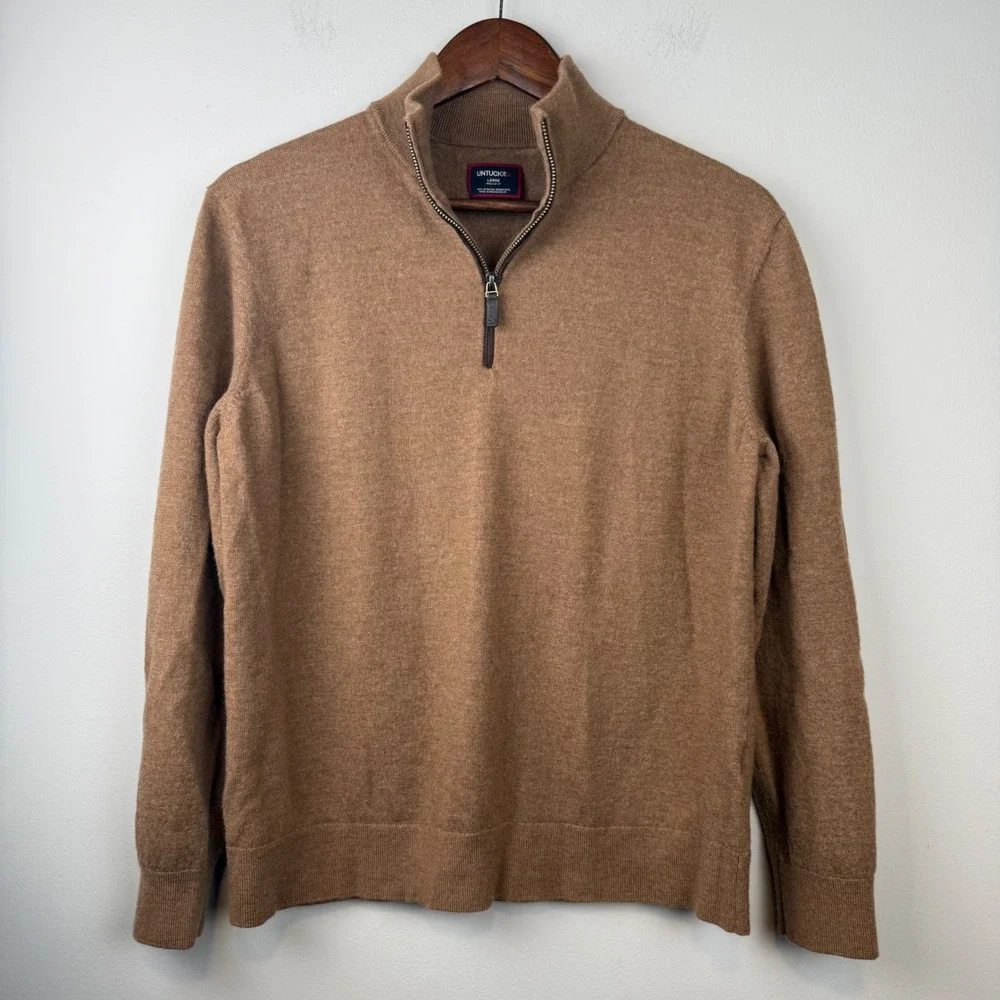 UNTUCKit Men Merino Wool Quarter Zip Sweater Large Earthy Academia Casual Luxury